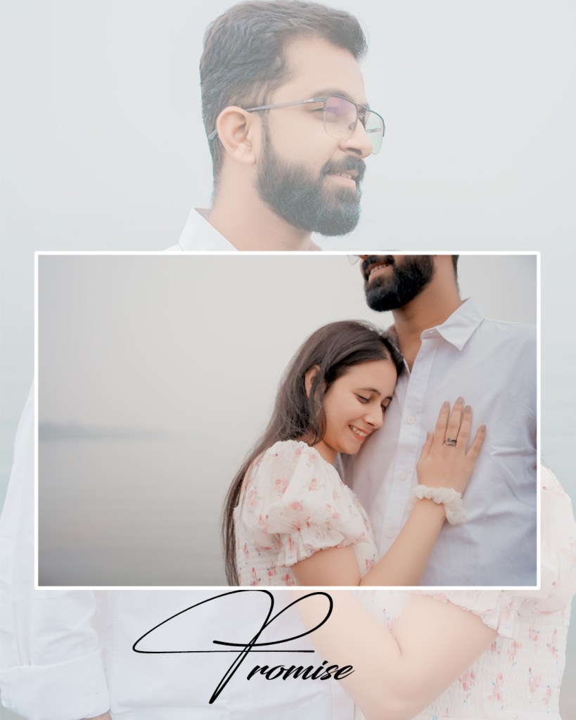 A couple embracing tenderly by a serene body of water, with a soft, dreamy background. The male figure shows a side profile with a beard and glasses, while the female figure, smiling, rests her head on his chest, displaying an engagement ring.