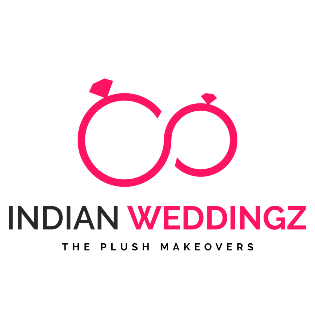 Logo of Indian Weddingz featuring stylized rings and the text 'INDIAN WEDDINGZ THE PLUSH MAKEOVERS' in pink and black.