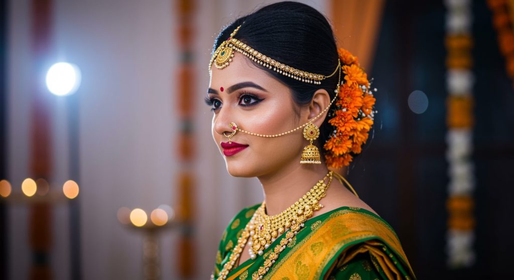 Close-up portrait of a woman in traditional South Indian bridal attire, featuring elaborate jewelry and makeup, with a backdrop of soft lighting and decorations.