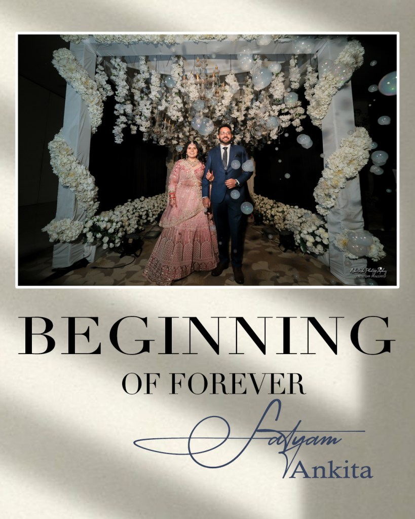 A couple in formal attire standing together beneath an elegant floral decor, with the words 'BEGINNING OF FOREVER' prominently displayed.