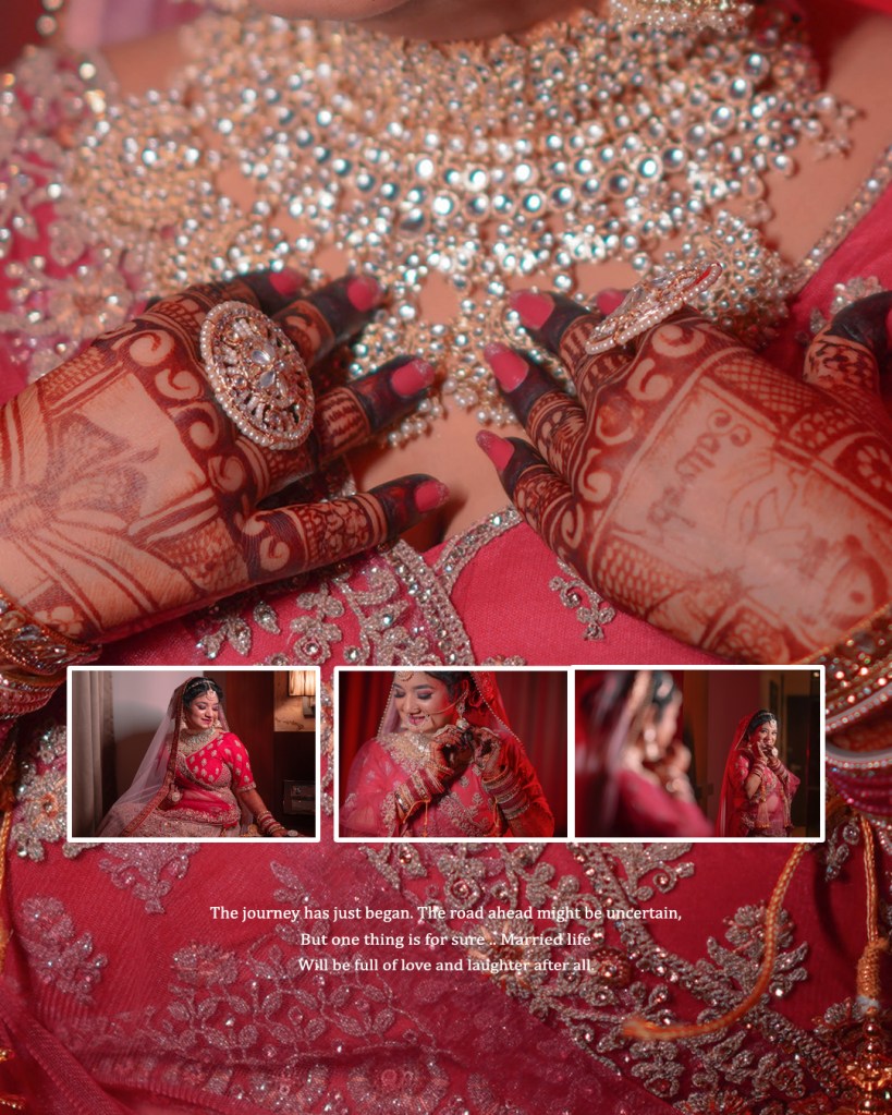 Bride adorned in a red bridal lehenga, showcasing intricate henna designs and sparkling jewelry, capturing a moment of elegance and tradition.