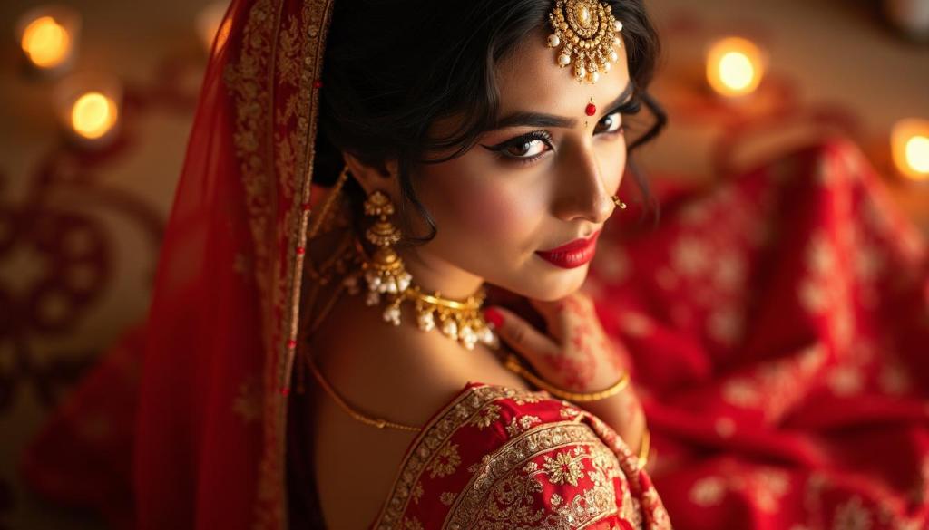A close-up portrait of a woman in traditional red bridal attire, adorned with intricate gold jewelry and a decorative headpiece, set against a softly lit backdrop with candles.