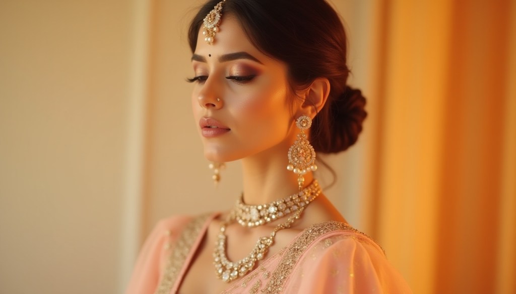 A close-up portrait of a bride showcasing intricate traditional jewelry and soft, elegant makeup, wrapped in a pastel-colored bridal outfit with delicate embroidery.