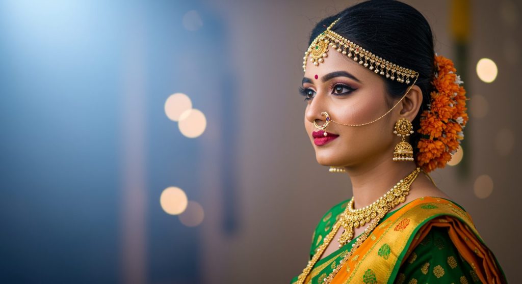A beautifully adorned bride in traditional attire, featuring intricate jewelry and a floral hairpiece, captured in a soft focus with warm bokeh lights in the background.