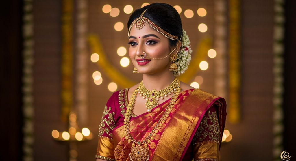 A bride in traditional attire, adorned with intricate jewelry and floral accessories, smiles gracefully against a softly illuminated background.